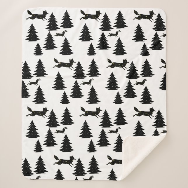 Scandinavian Fox Rabbit Black Christmas Tree   Sherpa Blanket (Front)