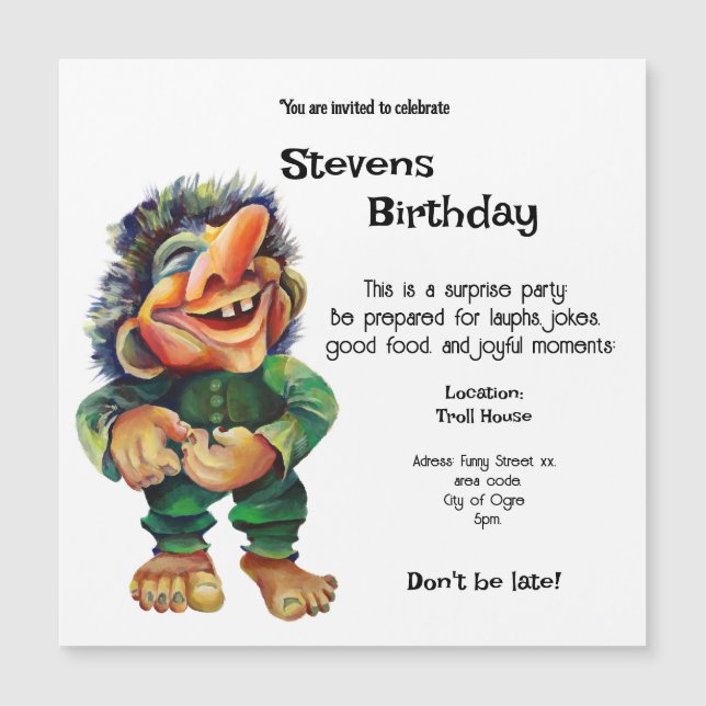 Scandinavian Funny Troll Illustration Watercolor Magnetic Invitation (Front)