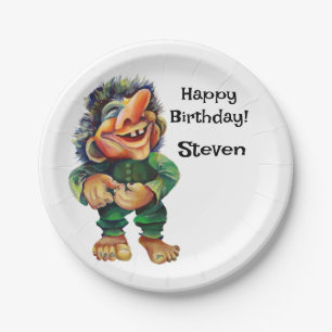 Scandinavian Funny Troll Illustration Watercolor Paper Plate