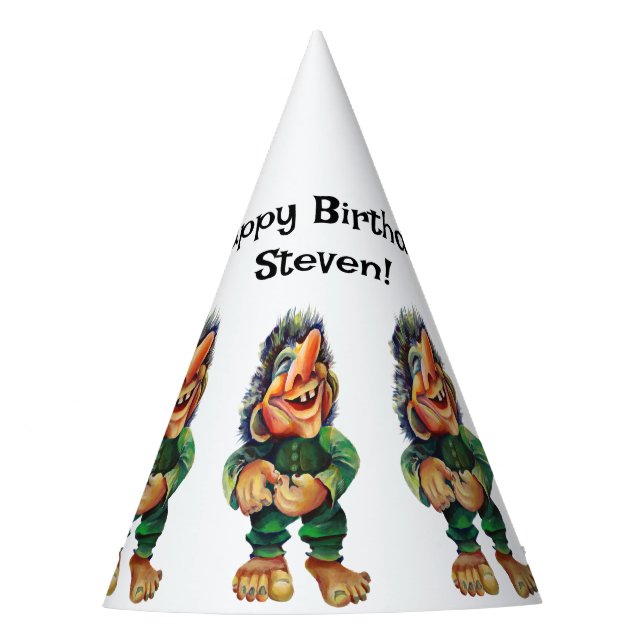 Scandinavian Funny Troll Illustration Watercolor Party Hat (Front)