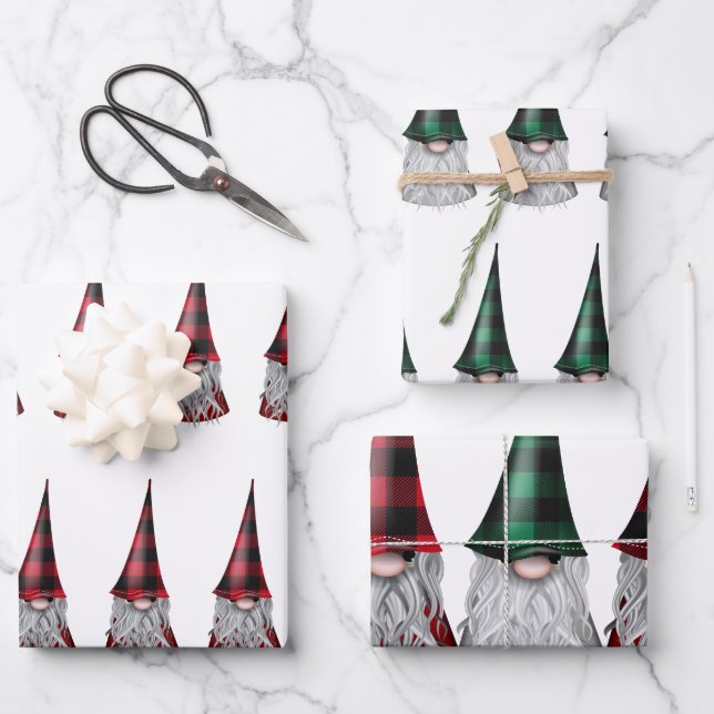 Scandinavian Gnomes in Plaid Wrapping Paper Sheet (Front)