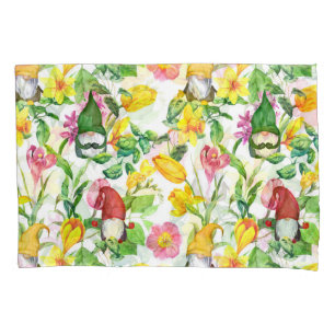 Scandinavian gnomes: spring floral watercolor. pillowcase