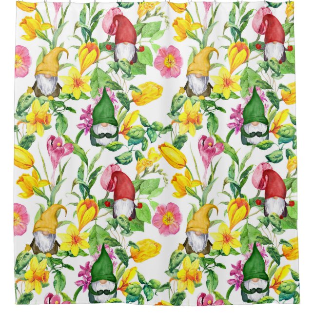 Scandinavian gnomes: spring floral watercolor. shower curtain (Front)