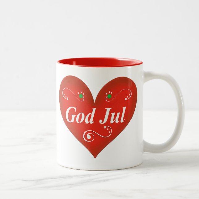 Scandinavian God Jul Christmas Heart Two-Tone Coffee Mug (Right)