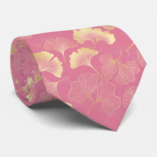 Scandinavian Gold Ginkgo Botanical Pink Pattern Tie