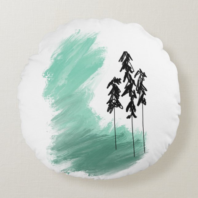 Scandinavian green tree art simple modern mint  round cushion (Front)
