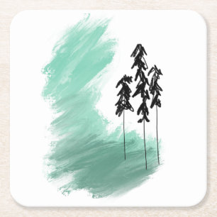 Scandinavian green tree art simple modern mint square paper coaster