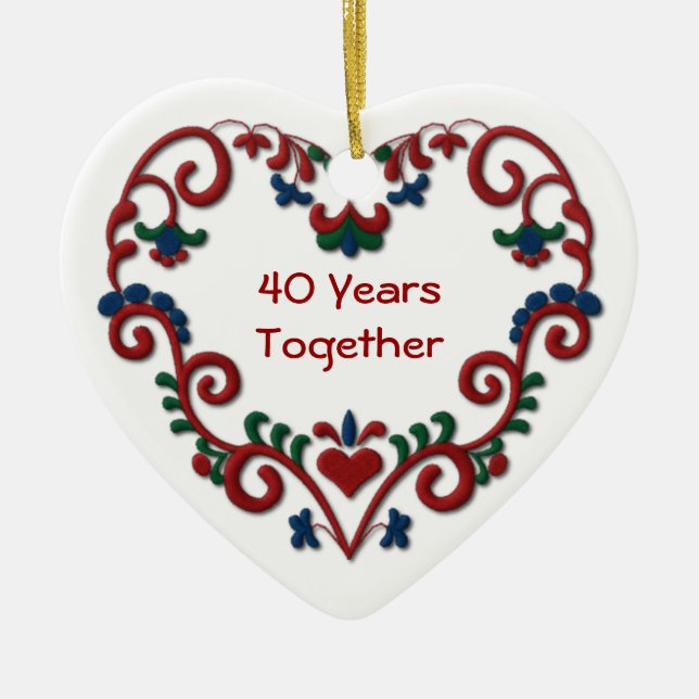 Scandinavian Heart 40 Years Together Ceramic Ornament (Front)