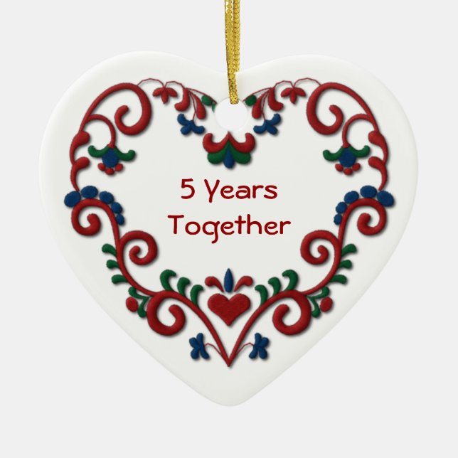 Scandinavian Heart 5 Years Together Ceramic Tree Decoration (Front)