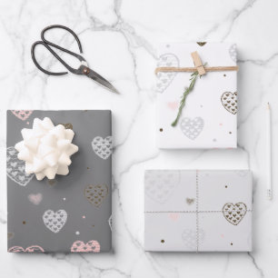 Scandinavian Hearts Pink and Grey Wrapping Paper Sheet
