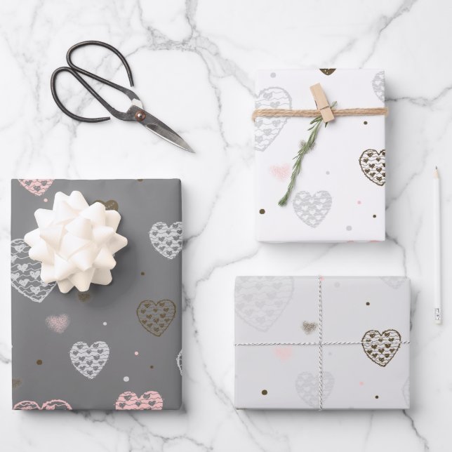 Scandinavian Hearts Pink and Grey Wrapping Paper Sheet (Front)