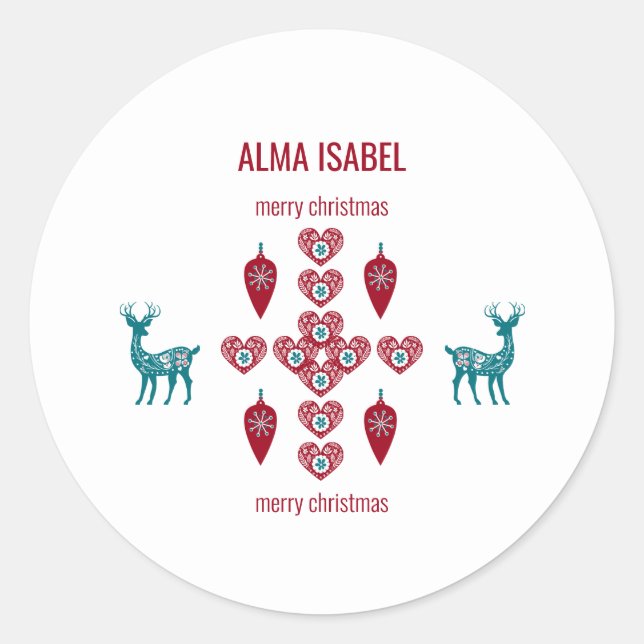 Scandinavian Hearts Reindeer Personalise Name Xmas Classic Round Sticker (Front)