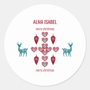 Scandinavian Hearts Reindeer Personalise Name Xmas Classic Round Sticker