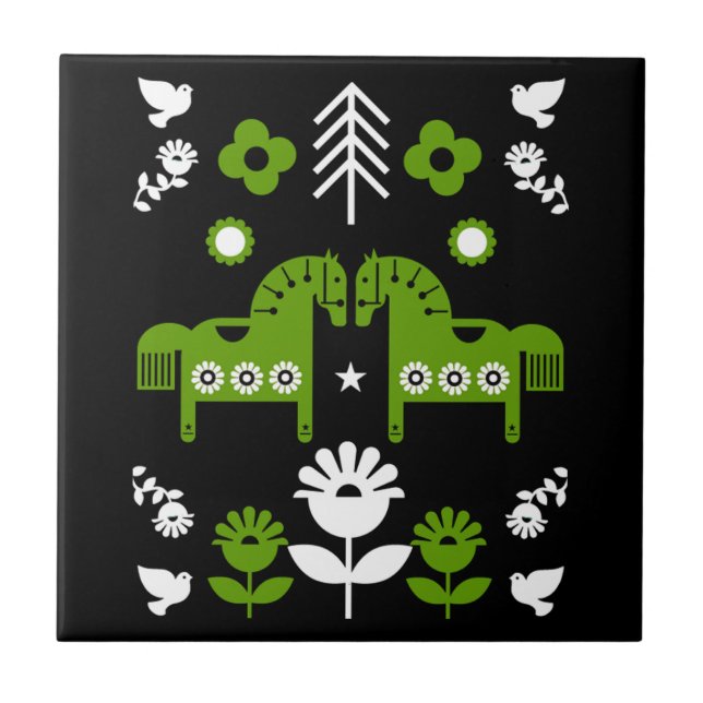 Scandinavian Horse Folk Art Ceramic Tile (Front)