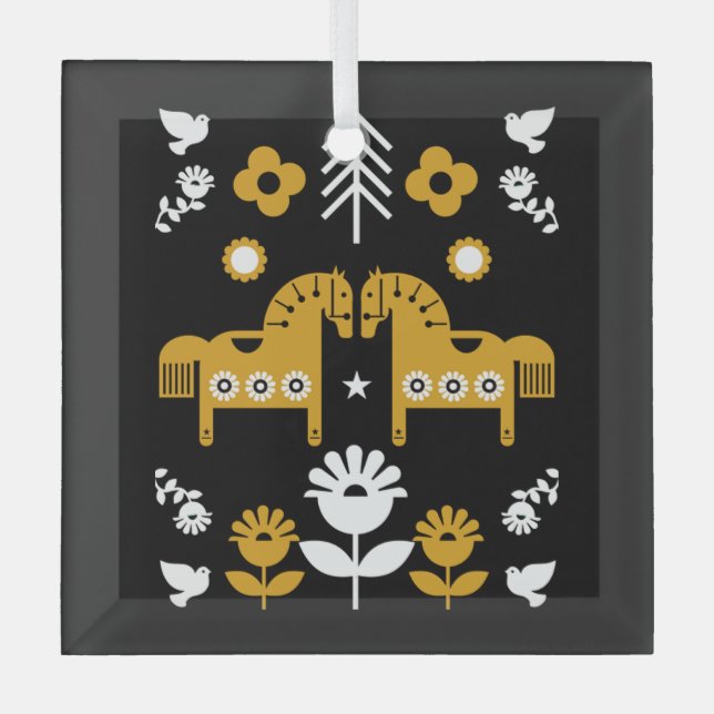 Scandinavian Horse Folk Art Glass Tree Decoration (Front)