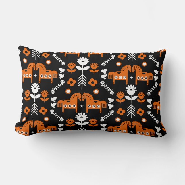 Scandinavian Horse Folk Art Lumbar Cushion (Front)