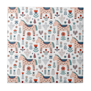 Scandinavian Horse Folk Art Pattern Ceramic Tile