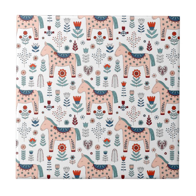 Scandinavian Horse Folk Art Pattern Ceramic Tile (Front)