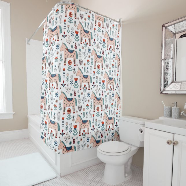 Scandinavian Horse Folk Art Pattern Shower Curtain (In Situ)