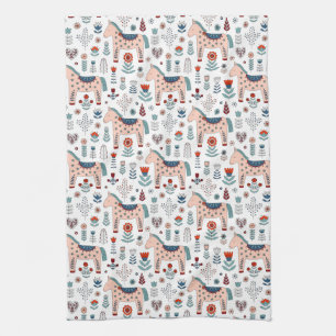 Scandinavian Horse Folk Art Pattern Tea Towel