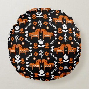Scandinavian Horse Folk Art Round Cushion