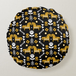 Scandinavian Horse Folk Art Round Cushion