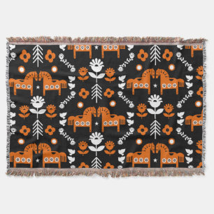 Scandinavian Horse Folk Art Throw Blanket