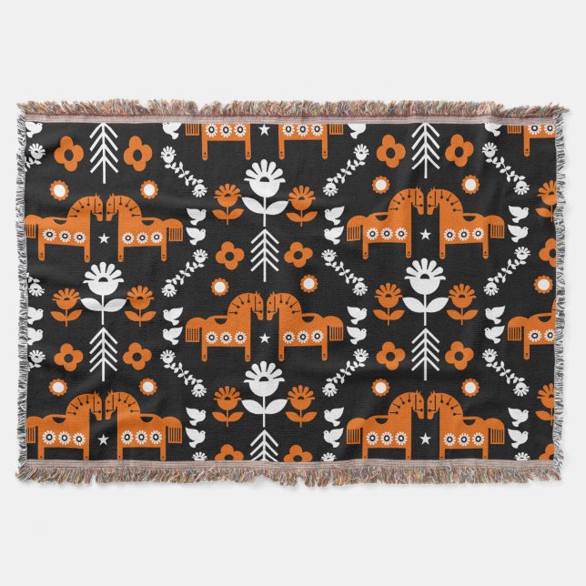Scandinavian Horse Folk Art Throw Blanket (Front)