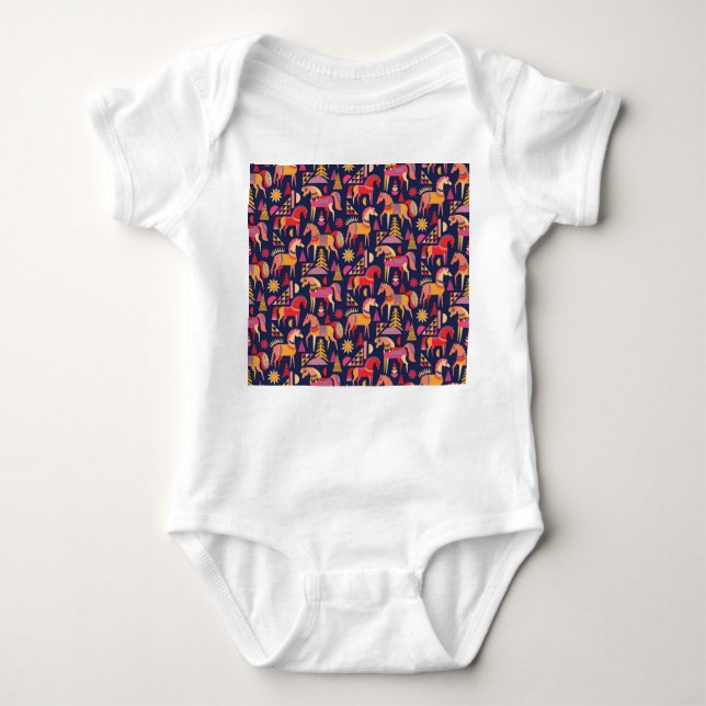 Scandinavian Horses: Decorative Seamless Design Baby Bodysuit (Front)