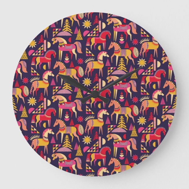 Scandinavian Horses: Decorative Seamless Design Large Clock (Front)