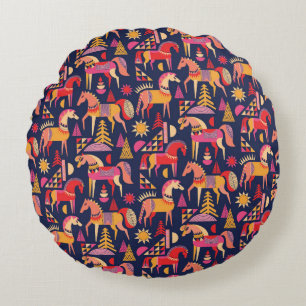 Scandinavian Horses: Decorative Seamless Design Round Cushion