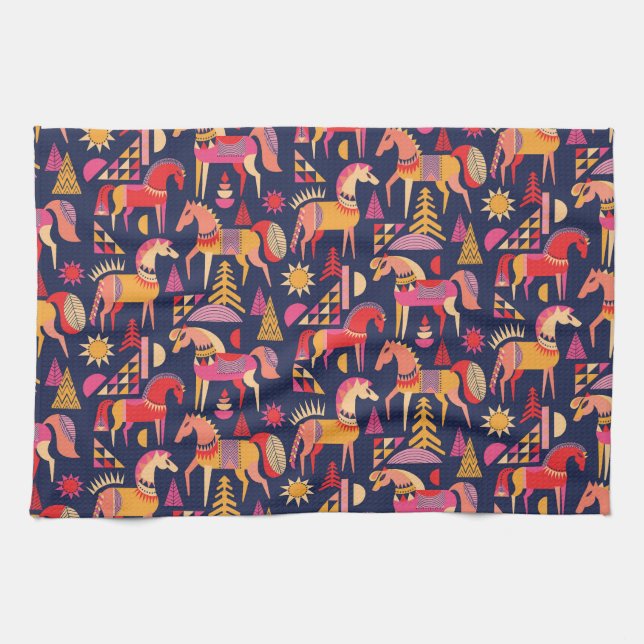 Scandinavian Horses: Decorative Seamless Design Tea Towel (Horizontal)