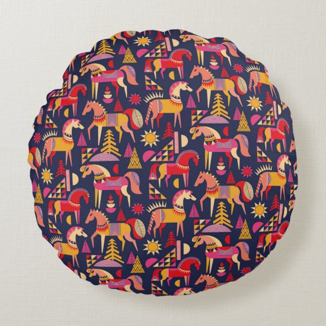Scandinavian horses pattern seamless design. Decor Round Cushion (Front)