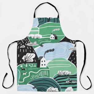 Scandinavian houses, trees, mountains illustration apron