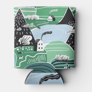 Scandinavian houses, trees, mountains illustration can cooler