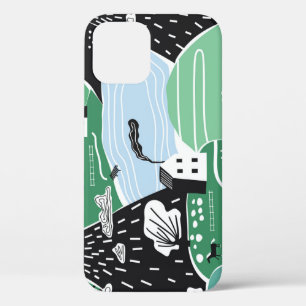Scandinavian houses, trees, mountains illustration iPhone 12 case