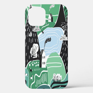 Scandinavian houses, trees, mountains illustration iPhone 12 case