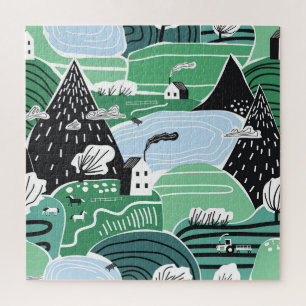 Scandinavian houses, trees, mountains illustration jigsaw puzzle