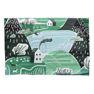 Scandinavian houses, trees, mountains illustration pillowcase