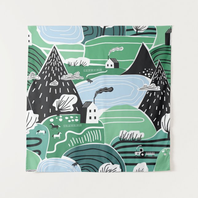 Scandinavian houses, trees, mountains illustration tapestry (Front)