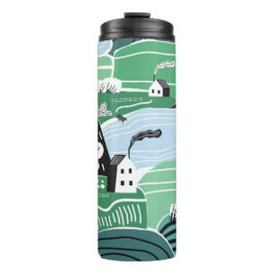 Scandinavian houses, trees, mountains illustration thermal tumbler