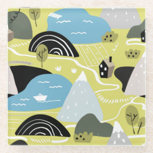Scandinavian houses, trees, mountains pattern. glass coaster