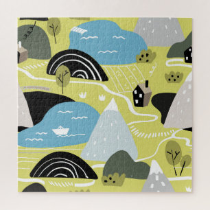 Scandinavian houses, trees, mountains pattern. jigsaw puzzle