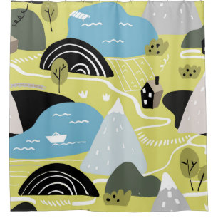 Scandinavian houses, trees, mountains pattern. shower curtain