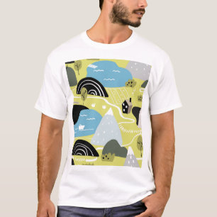 Scandinavian houses, trees, mountains pattern. T-Shirt