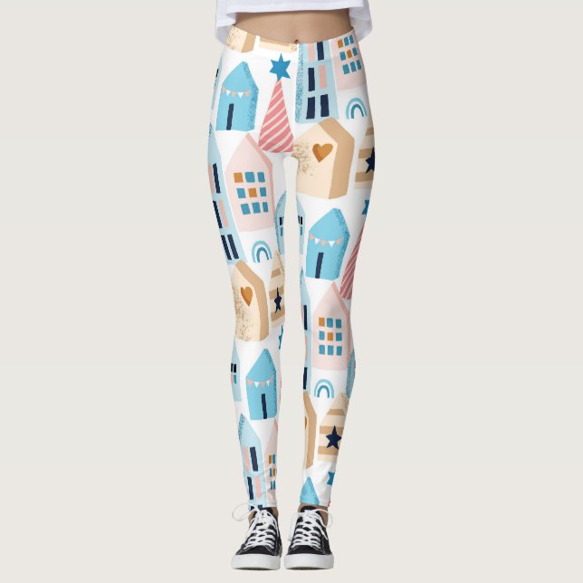 Scandinavian houses, winter mood pattern. leggings (Front)