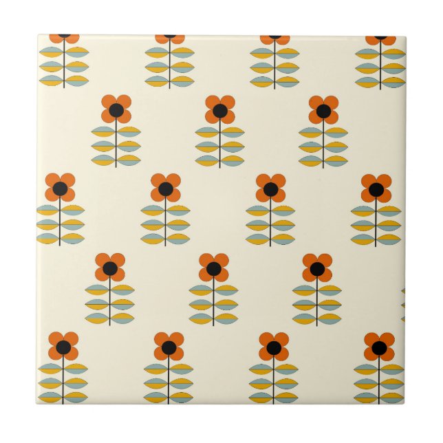 Scandinavian Inspired Orange Floral Pattern Ceramic Tile (Front)