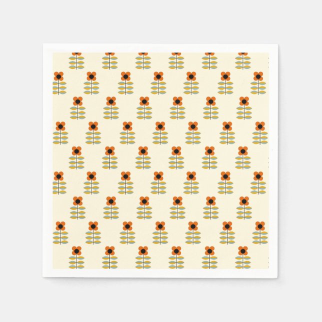 Scandinavian Inspired Orange Floral Pattern Napkin (Front)