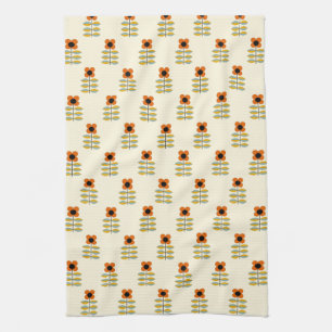 Scandinavian Inspired Orange Floral Pattern Tea Towel