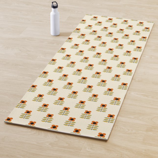Scandinavian Inspired Orange Floral Pattern Yoga Mat (In Situ)